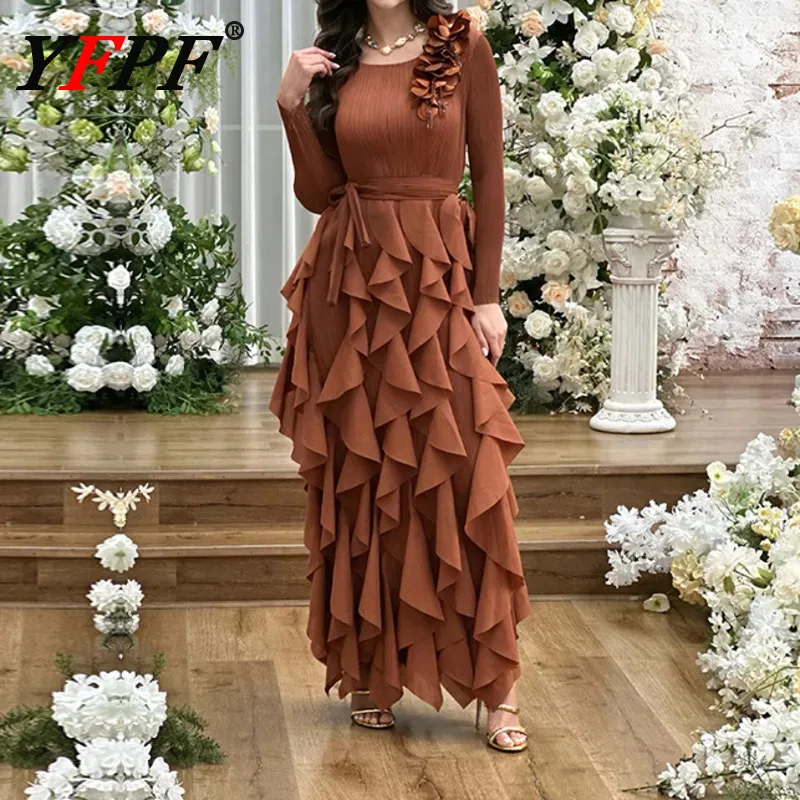 

YFPF Women Miyake Pleated Elegant Ruffles Long Dress 3D Floral Spliced Belt Evening Party Clothing Fashion 2025 New 3A133