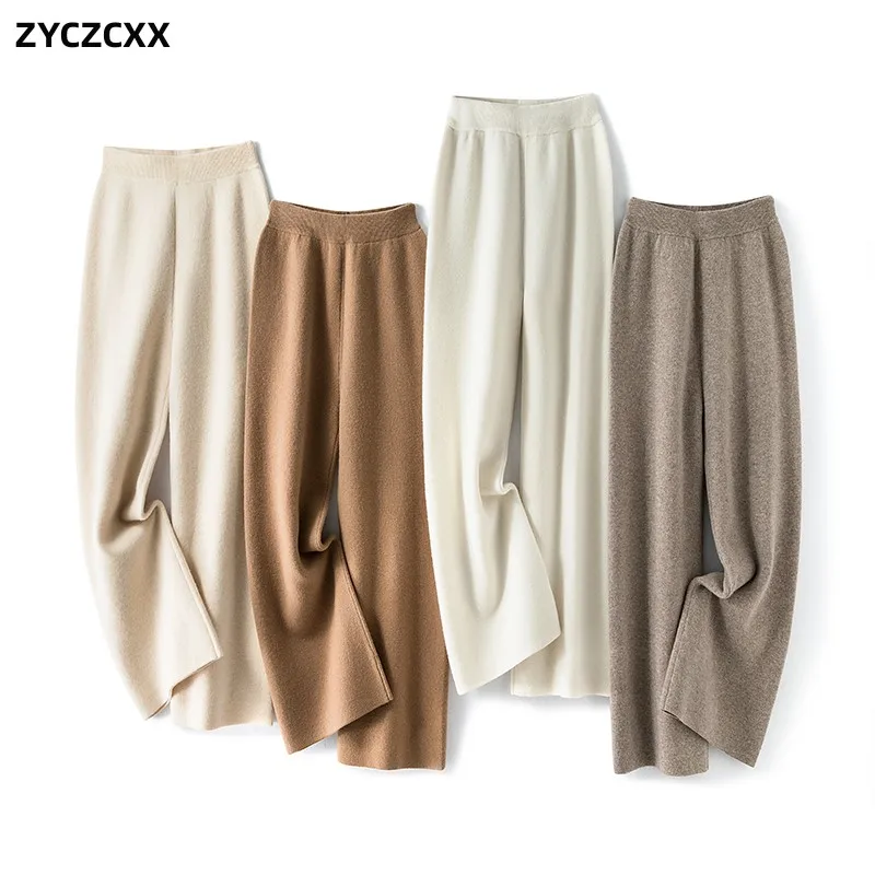 Autumn/Winter Thick Cashmere Women\'s Wide Leg Pants Elasticated Waist Women\'s Pants Solid Color 100% Merino Wool Women\'s Pants