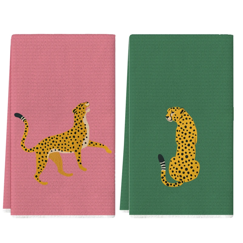2 piezas, paños de cocina con estampado de guepardo en bloques de color rosa y verde, juego de paños de 40 cm x 60 cm, paño de limpieza suave súper absorbente, paño de cocina para cocinar y hornear, paño para manos, paño de limpieza, paño para lavar plato