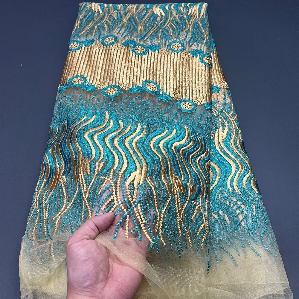 

Нигерийская кружевная ткань премиум (5 ярдов) — роскошный тюль из гипюра с вышивкой и блестками для свадебных/свадебных платьев, африканский дизайн, 2025 г.