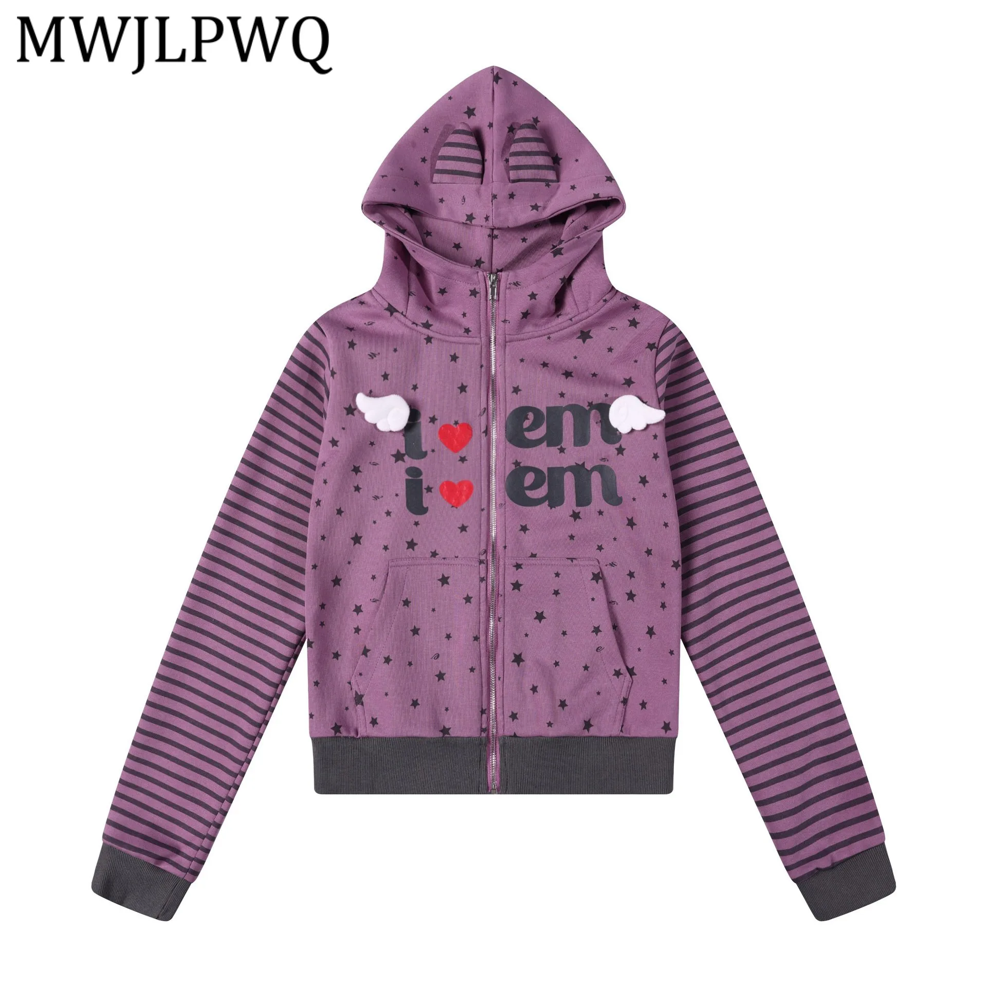 

MWJLPWQ Американский ретро-свитшот с капюшоном в полоску и пэчворк для женщин, повседневный кардиган в уличном стиле, топы, весна 2026, новинка 14516