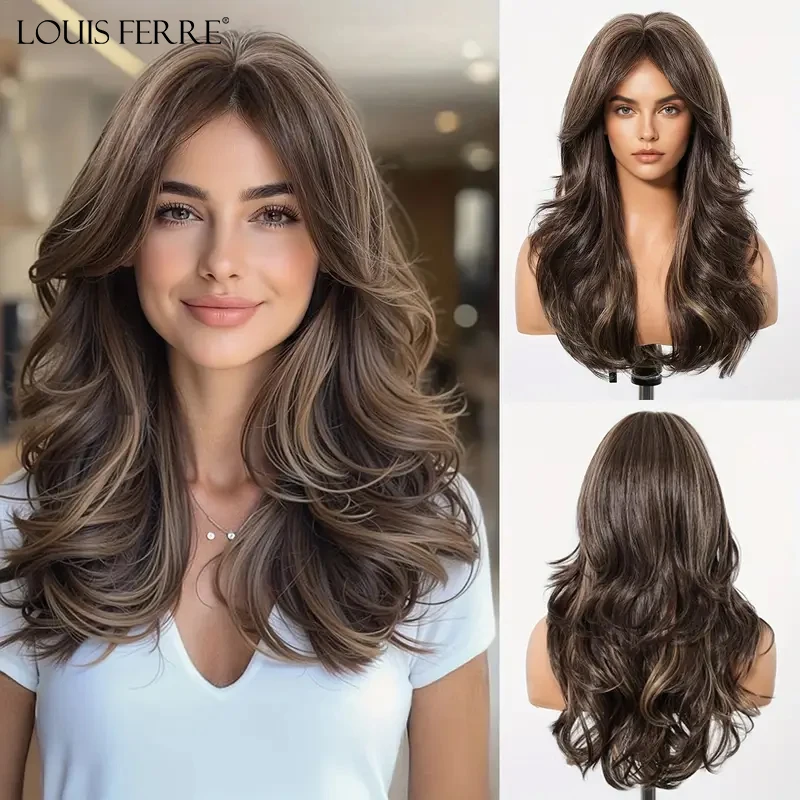 

Highlight Natural Hair Synthetic Wigs Long Wavy Mixed Brown Wigs With Side Bangs For Women Daily Party Wear High Temperature