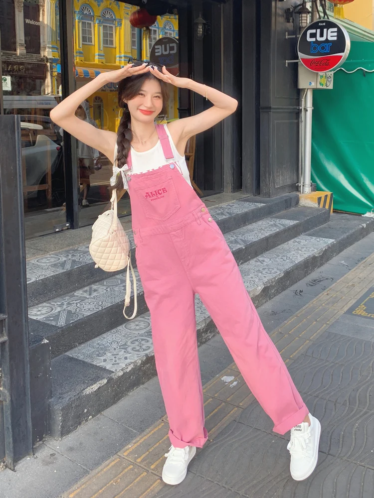 

Pink Salty Sweet Slimming Summer Casual Wide Leg Denim Overalls Women's Fashionable Ageless Thinming Lightweight Jeans