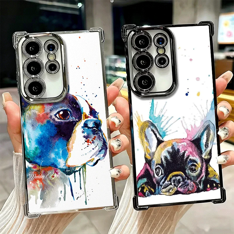 French Bulldog Dog Pug Design Plating Phone Case For Samsung Galaxy S25 S26 Edge S24 S23 Ultra S22 S21 Plus S20 FE Anti-Fall Pro