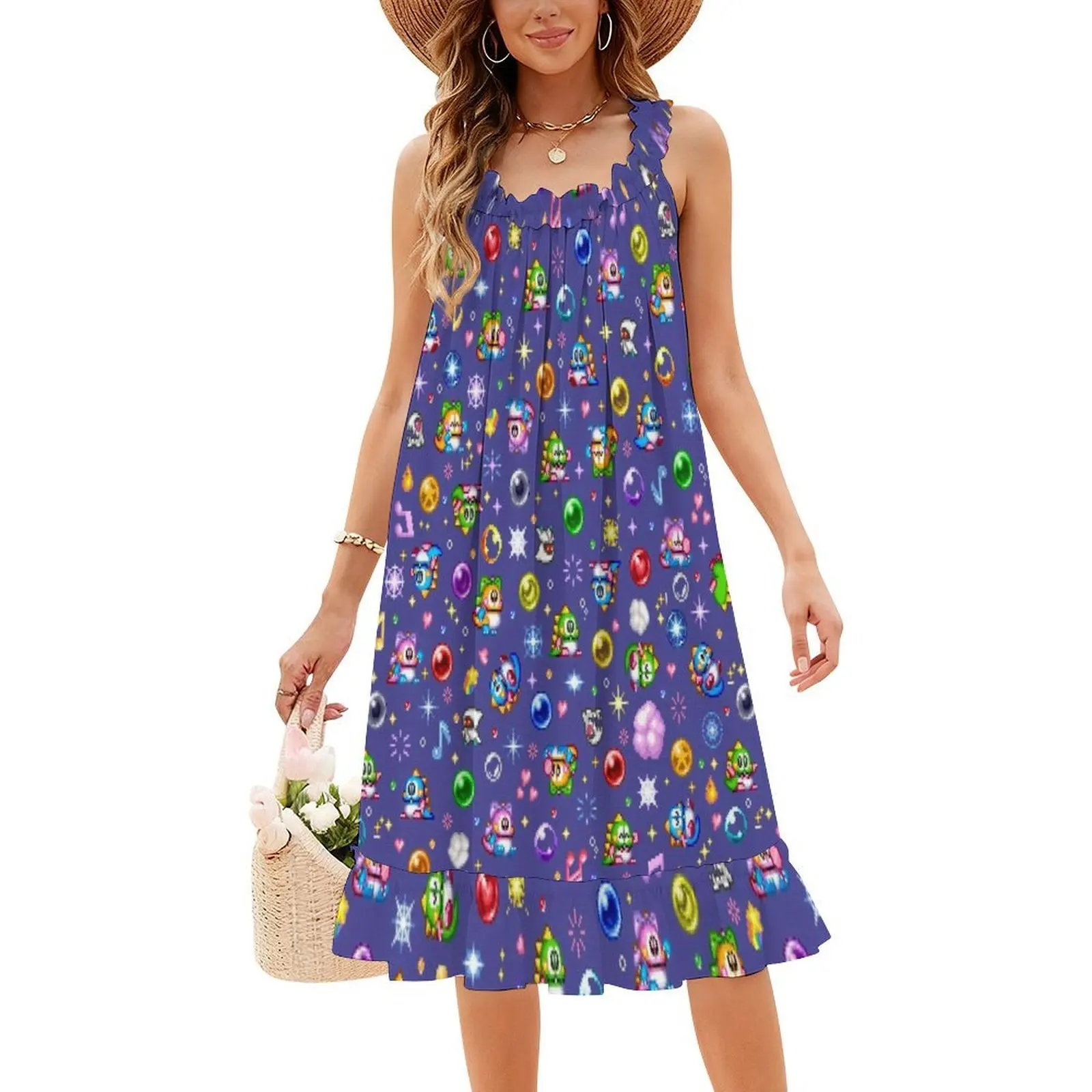 فستان قصير على طراز Preppy باللون الأزرق الفقاعي للنساء على شكل حرف a فضفاض مناسب فستان يوم غير رسمي لغز فقاعة مزركشة فقاعة