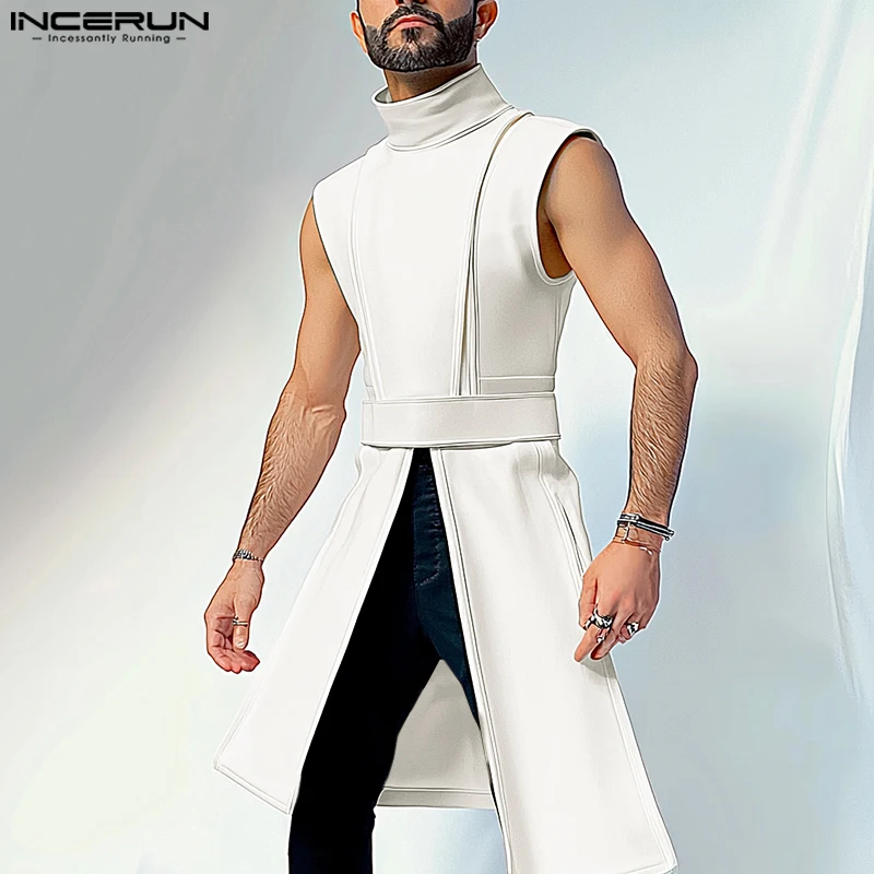 

INCERUN Handsome Sleeveless Solid T-shirts 2024 Men Causal Simple Deconstruction Knitted Tank Half High Collar Elegant Camiseta
