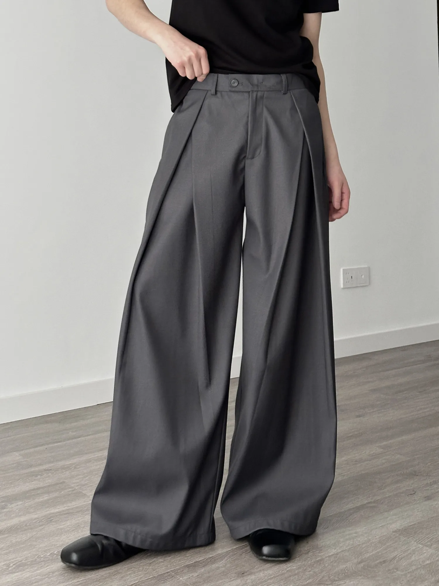 Women's Pleated Front Wide Leg Pants Cleanfit Black Solid Low Waist Dressy Trousers Unisex Office Work Casual Clothes