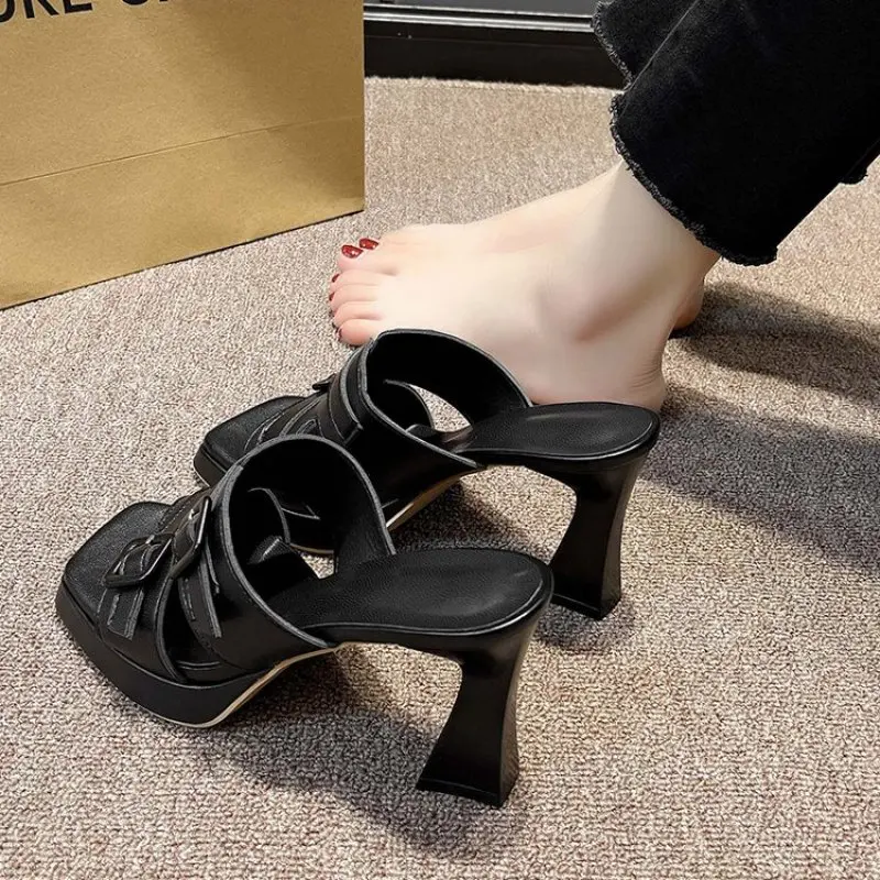 2023 Spring New Brand Women Slipper Fashion Buckle Pointed Toe Ladies Sandal Outdoor Slip On Mules Shoes Thin High heels
