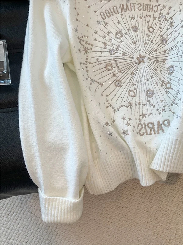 Autumn Winter Women's Heavy Embellished Star Patterned Rhinestone Sweater Soft Long Sleeve Base Layer Versatile Knitted Top