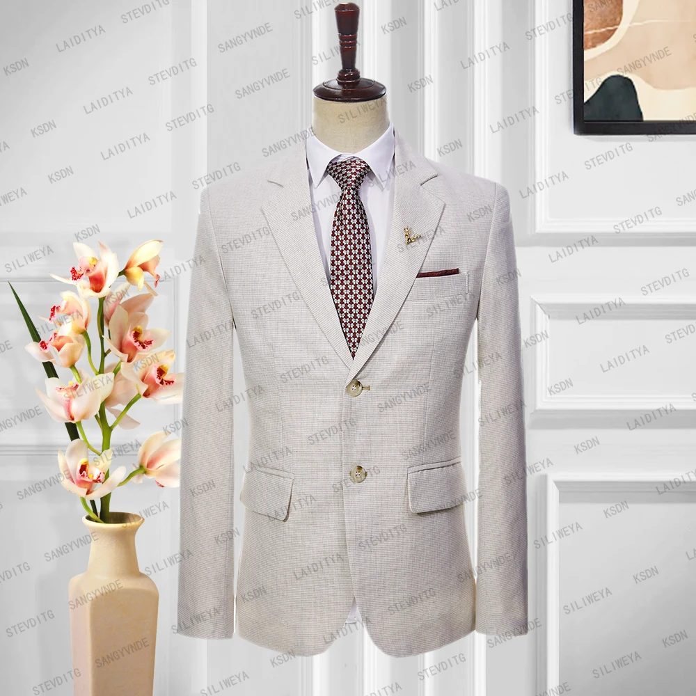 

2023 New Men's Jacket High End Summer Business Formal Pure Khaki Linen Slim Fit Bridegroom Wedding Coat