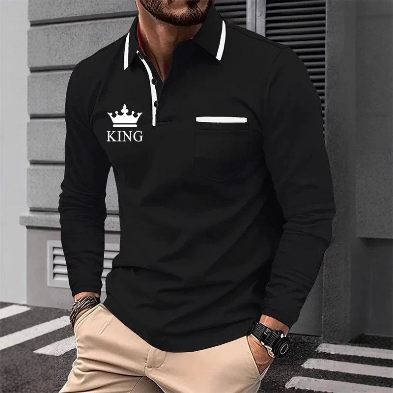 Men Stretch Knit Long Sleeve Polo Shirt, Fine Chest Embroidery Detail, Classic Collar Pullover Shirts For Spring Fall