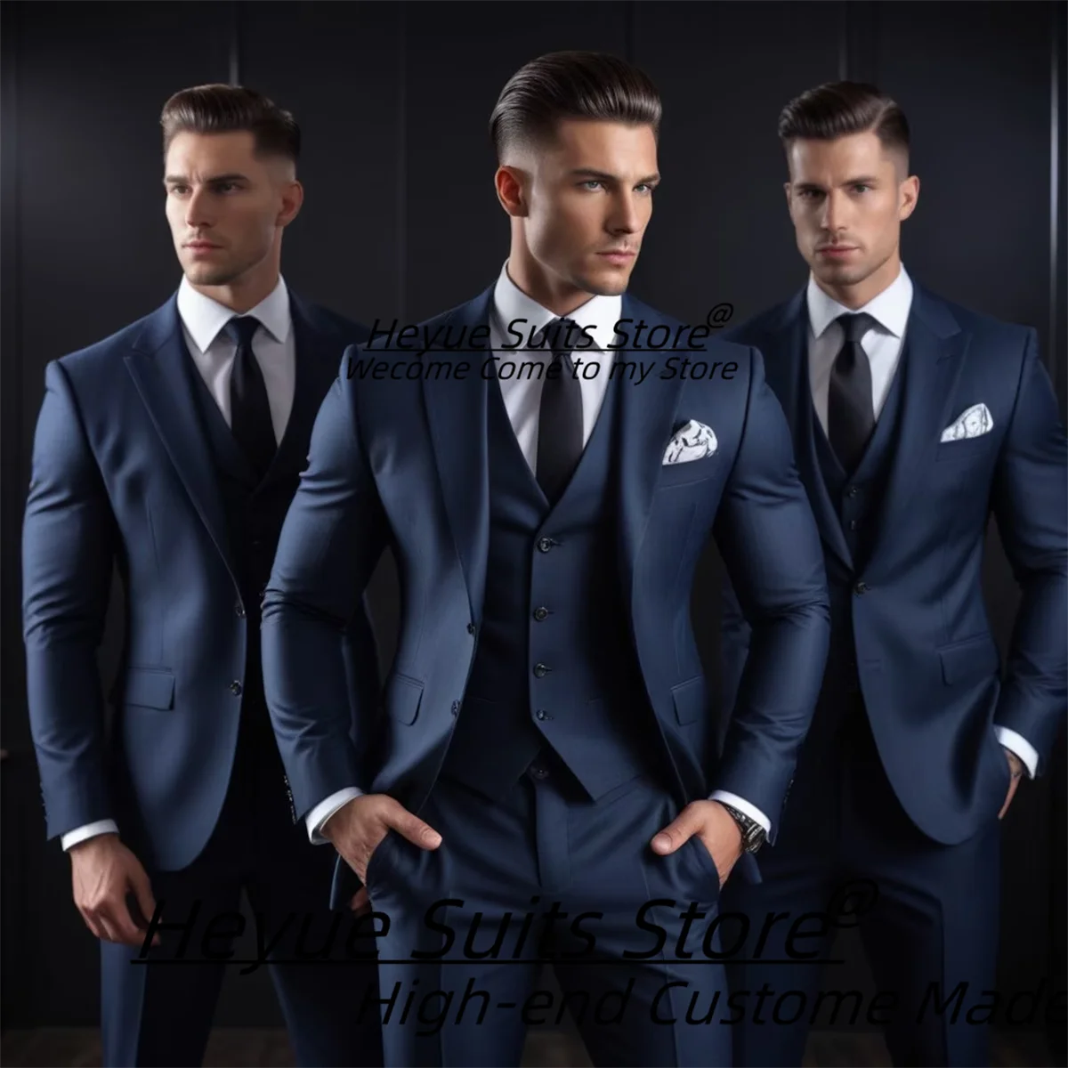 High-end Navy Blue Business Men Suits Slim Fit Peak Lapel Groom Wedding Tuxedos 3 Pieces Sets Elegant Male Blazers Costume Homme