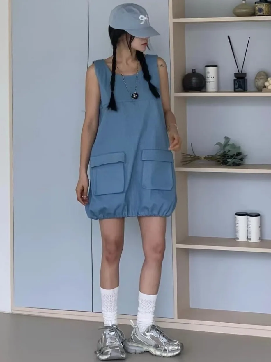 Vestido vaquero e Vintage de verano con cuello redondo y diseño de bolsillo, ceco sin mangas con cordón, Falda cort...