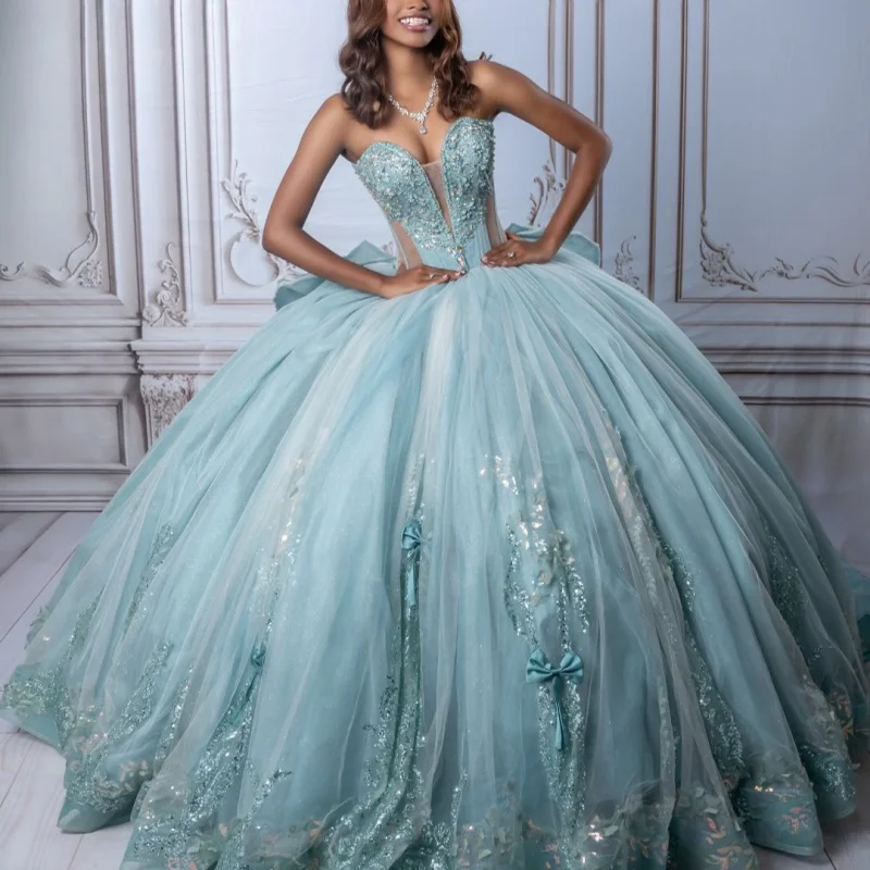 

Shiny Haze Blue Quinceanera Dresses Off the Shoulder Glitter Lace Decal Lace Long tail Bow Vestido e 15 Quinceanera Customize