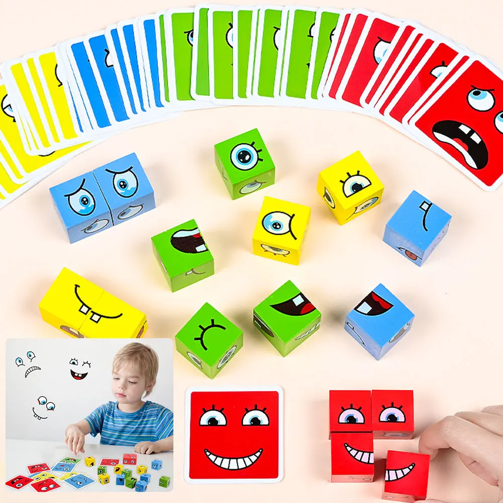 Montessori Wooden Toy Face Changing Cube Expression Puzzle Building Blocks Magic Cubes Matching Games for Kid Learning Toy Gifts