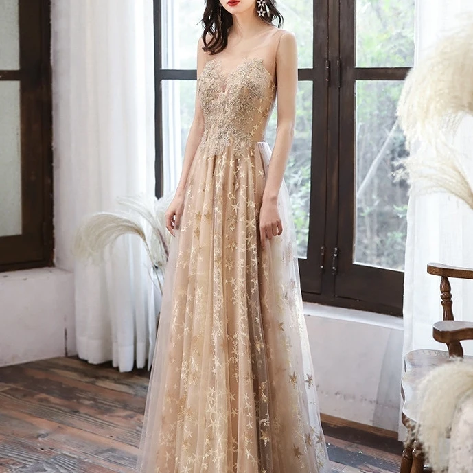 

Vintage Champagne Evening Dresses A-Line O-Neck Shiny Lace Appliques Beaded Banquet Wedding Formal Celebrity Prom Party Gown New
