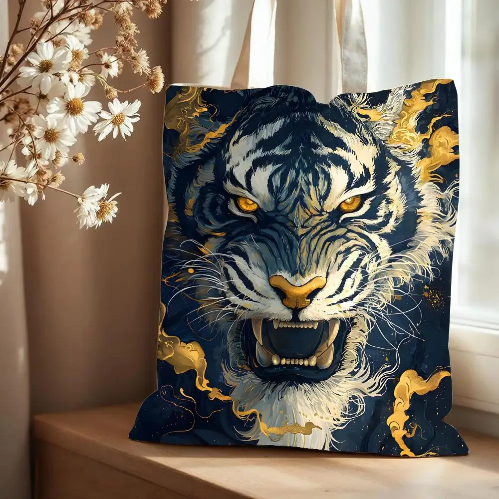 Tiger Golden Mist Storage Bags Canvas Tote Bag Large Capacity Double-Sided Print Reusable Shopping Bag Eco-Friendly Shoulder Bag 2