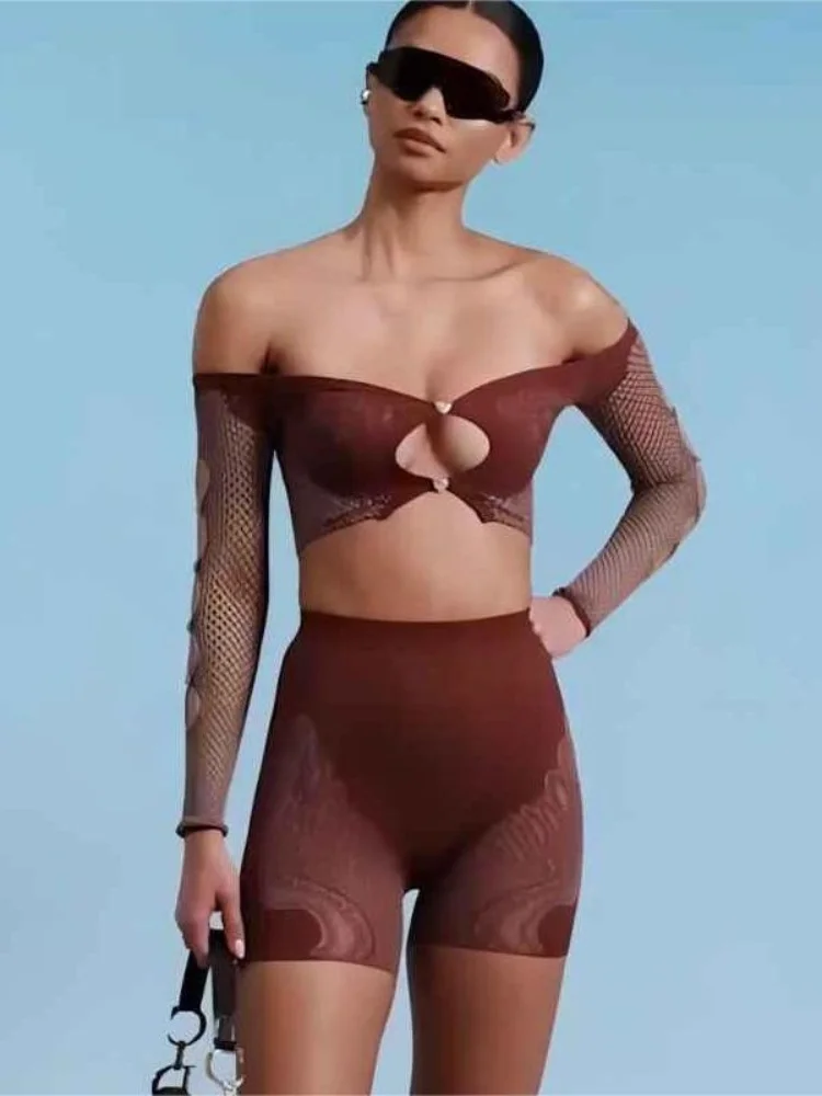 kliou Mesh Patchwork 2 Piece Set Sexy Summer Thin Off SHoulder Full Sleeve Hollow Top+Elastic Matching Shorts Sheer New Clubwear