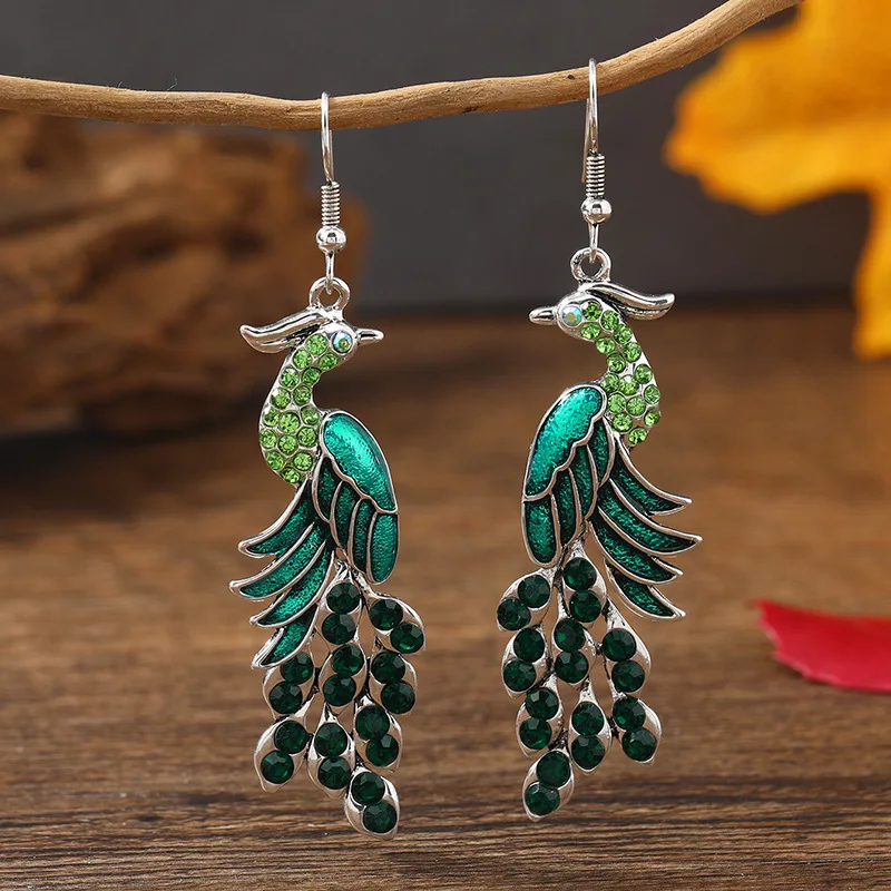 Blue Drop Oil Rhinestone Peacock Earrings for Women Ethnic Vintage Long Silver Color Geometric Animal Earrings Boho Jewelry Gift