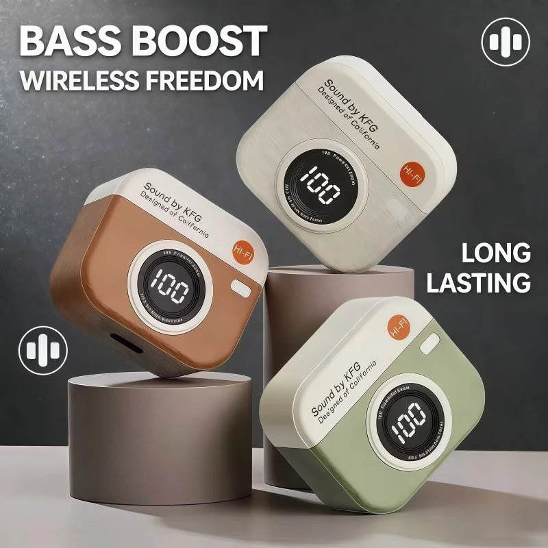 2026 New Style Retro Camera Design Q86 Earbuds, Bluetooth 5.3 Semi-In-Ear Headphones with Digital Battery Indicator