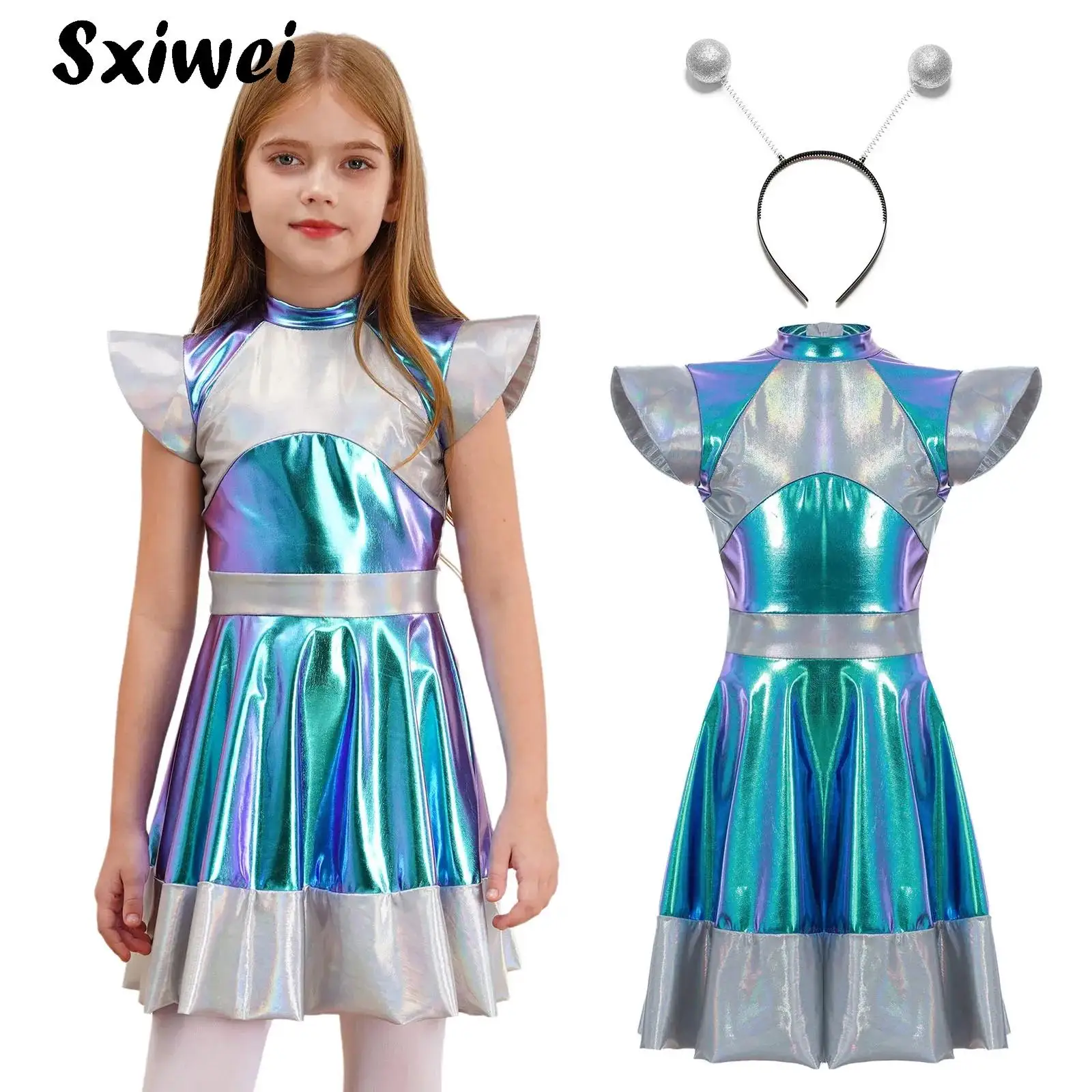 

Kids Girls Shiny Outerspace Alien Cosplay Costume Halloween Flying Sleeve Future World Fighter Dress Up Tutu Dance Dress Outfits