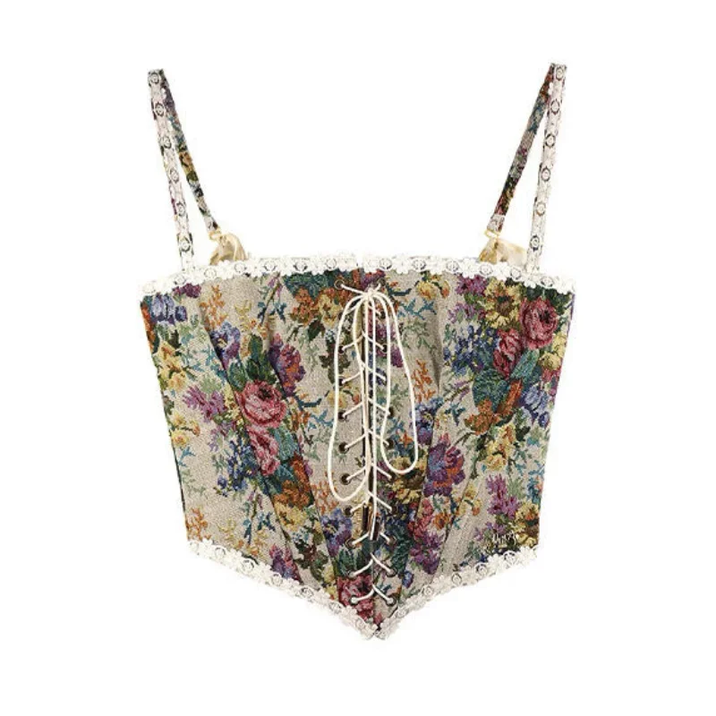 Y2k Women Elegant Vintage Print Halter Tops Chic Bandage Floral Corset Shirts French Designer Sexy Style Party Club Ladies Top image 6