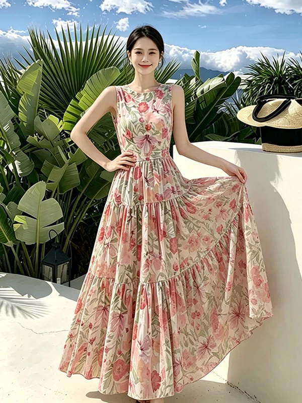Rustic Floral Print Sleeveless Women's Dress Elegant Waist-Cinching Slimming Long Gown Summer New Style Holiday Elegant