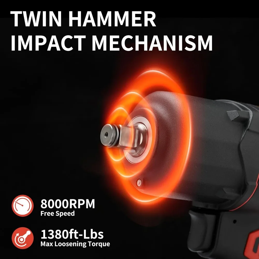 مفتاح ربط هوائي مركب نصف بوصة مع تقنية المطرقة المزدوجة، بحد أقصى 1380 رطلًا من عزم دوران تخفيف، 8000 دورة في الدقيقة، هوائي
