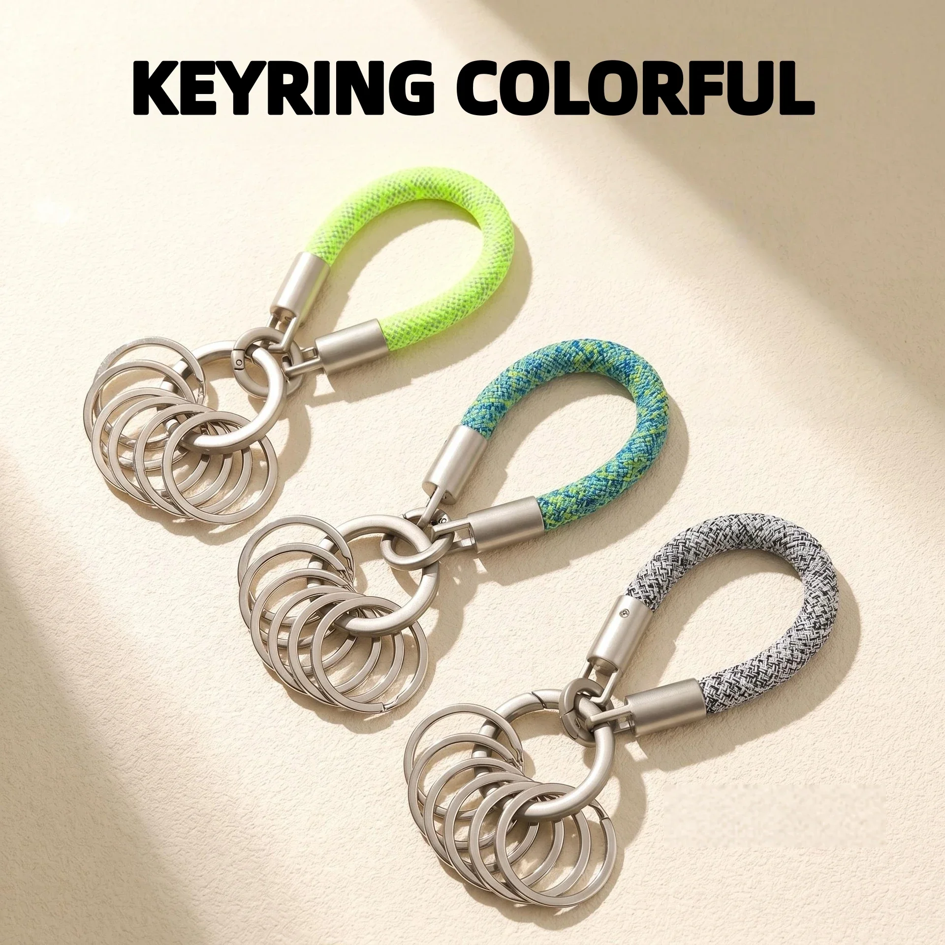 Multi‑Ring Woven Rope Keychain, Hand Wrist Key Holder With Multiple Metal Key Rings For Key Classification Storage