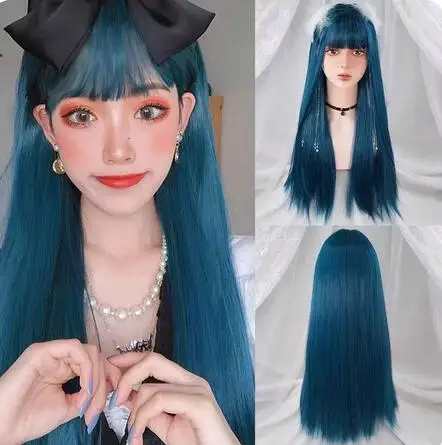 

Dark Blue Long Straight Synthetic Lolita Cosplay Wig With Bangs For Women Party Darily Headgear Red Pink Blonde Hair