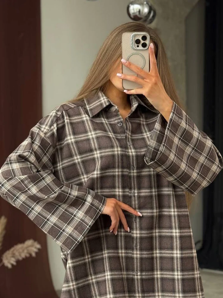 Women's Plaid Loose Blouses Long Sleeve Women Drawstring Single Breasted Fashion Spring Vintage Outerwear Female Casual T-Shirt