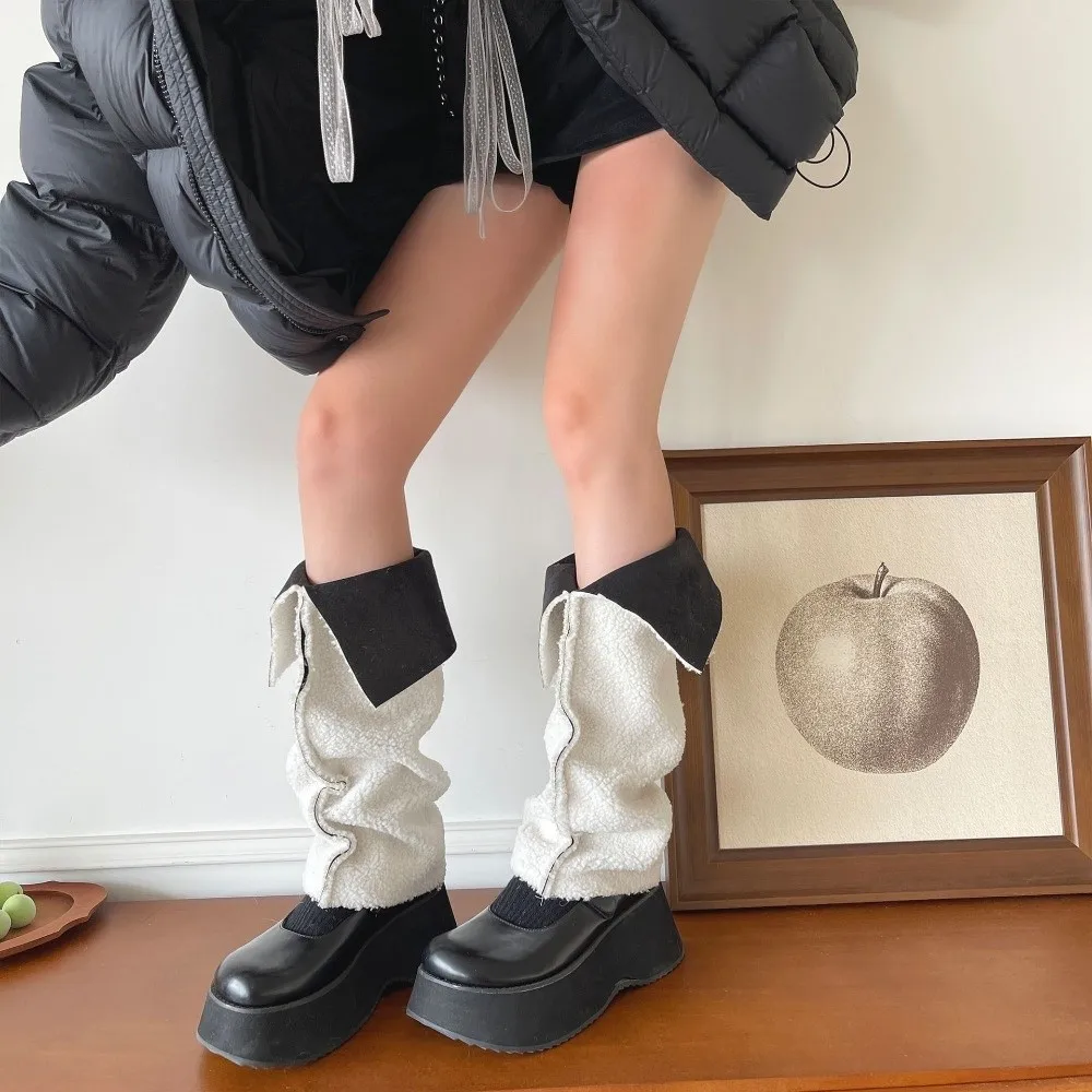 

Утепленные замшевые гетры в стиле Лолита, защита от ветра до середины икры, теплые чехлы для ног с отворотом, дизайн для ношения поверх обуви, осень-зима