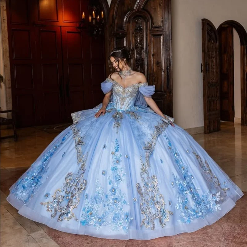 

Shiny sky blue Quinceanera Dress off-shoulder Lace glitter decal 3D flower Long tail Bow vestidos de 15 Quinceanera ﻿Customize