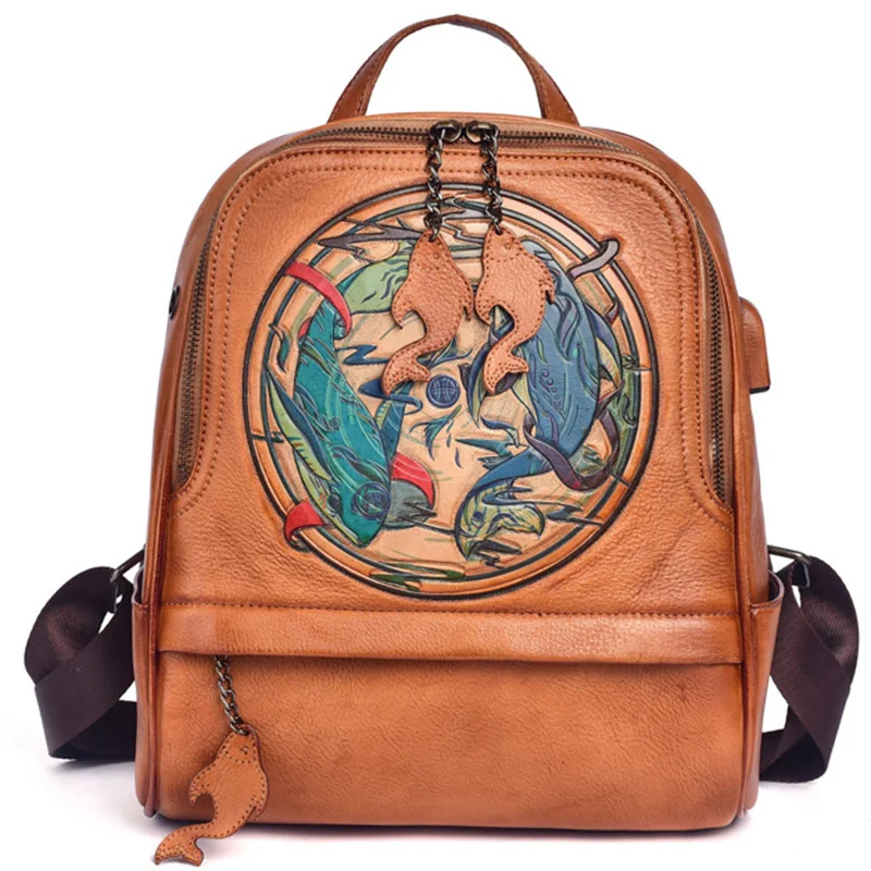 Genuine Leather Backpack Book School Bag for Women Retro Designer Lady Female Real Cowhide Rucksack Camputer Laptop Student Bags