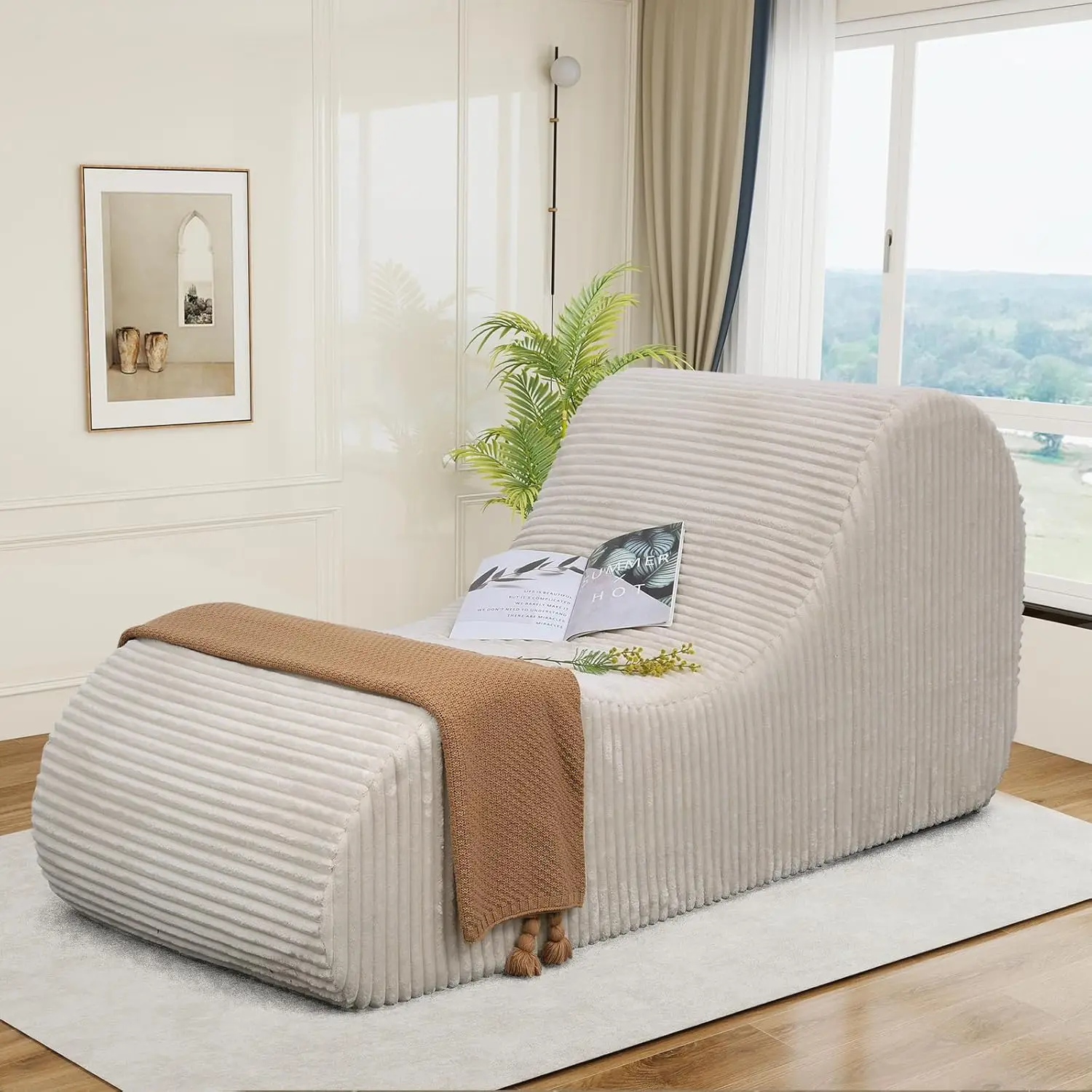 

Corduroy Chaise Lounge Chair Couch Indoor Boneless Oversized High-Density Sponge Soft Sofa, Khaki, Customized