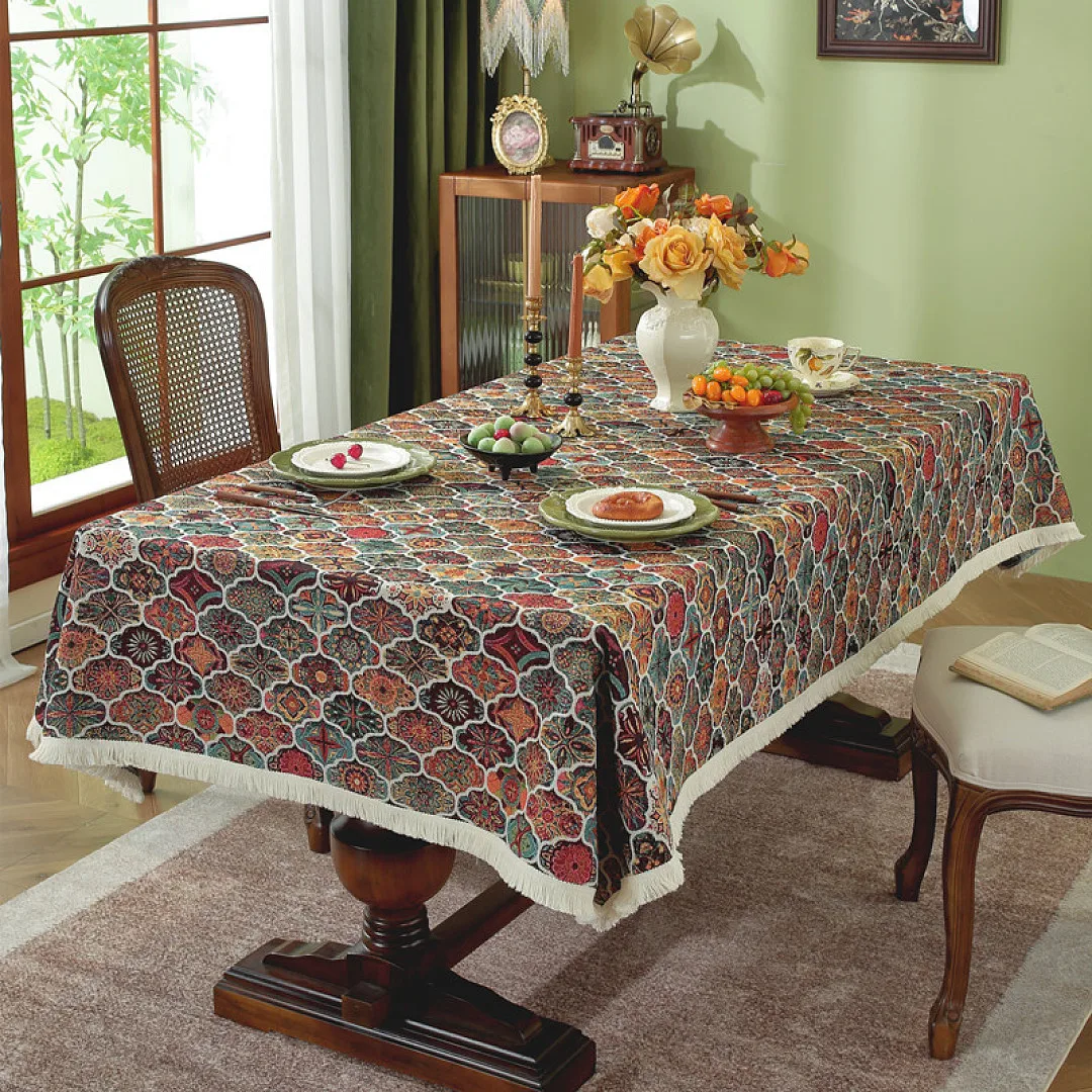 

Polyester Cotton Yarn-dyed Jacquard Tablecloth Floral Plant Tassel Rectangular Dining Table Covers Stain Resistant Home Textile