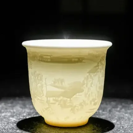 White Jade Embossed Ceramic Dragon and Phoenix Tea Cup Master Kung Fu Tea Set Tea Tasting Cup Household White Porcelain Cup