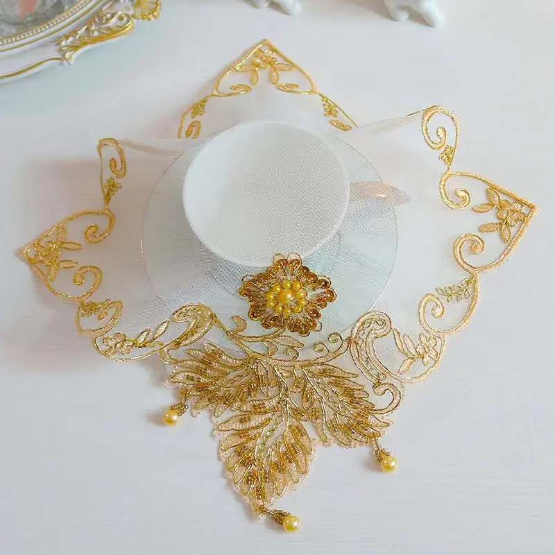 

Popular gold beads flowers Embroidery table cloth cover wedding tablecloth kitchen Christmas Table decoration and accessories