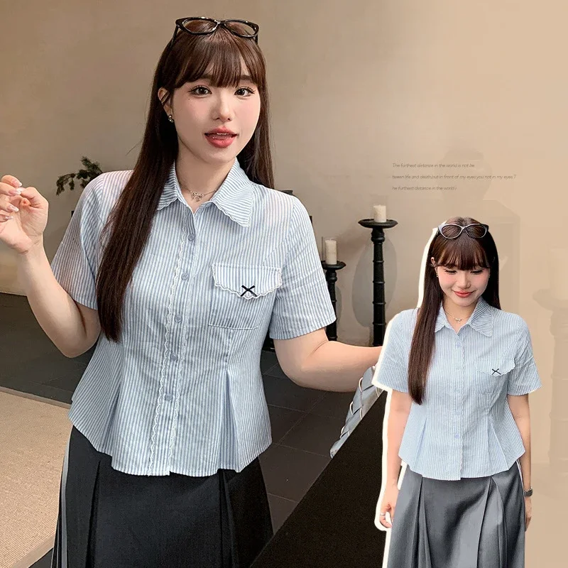 Blue Striped Lace Trim Short Sleeve Women's Shirt Casual Blouse for Summer Plus Size Waist-shaping Top