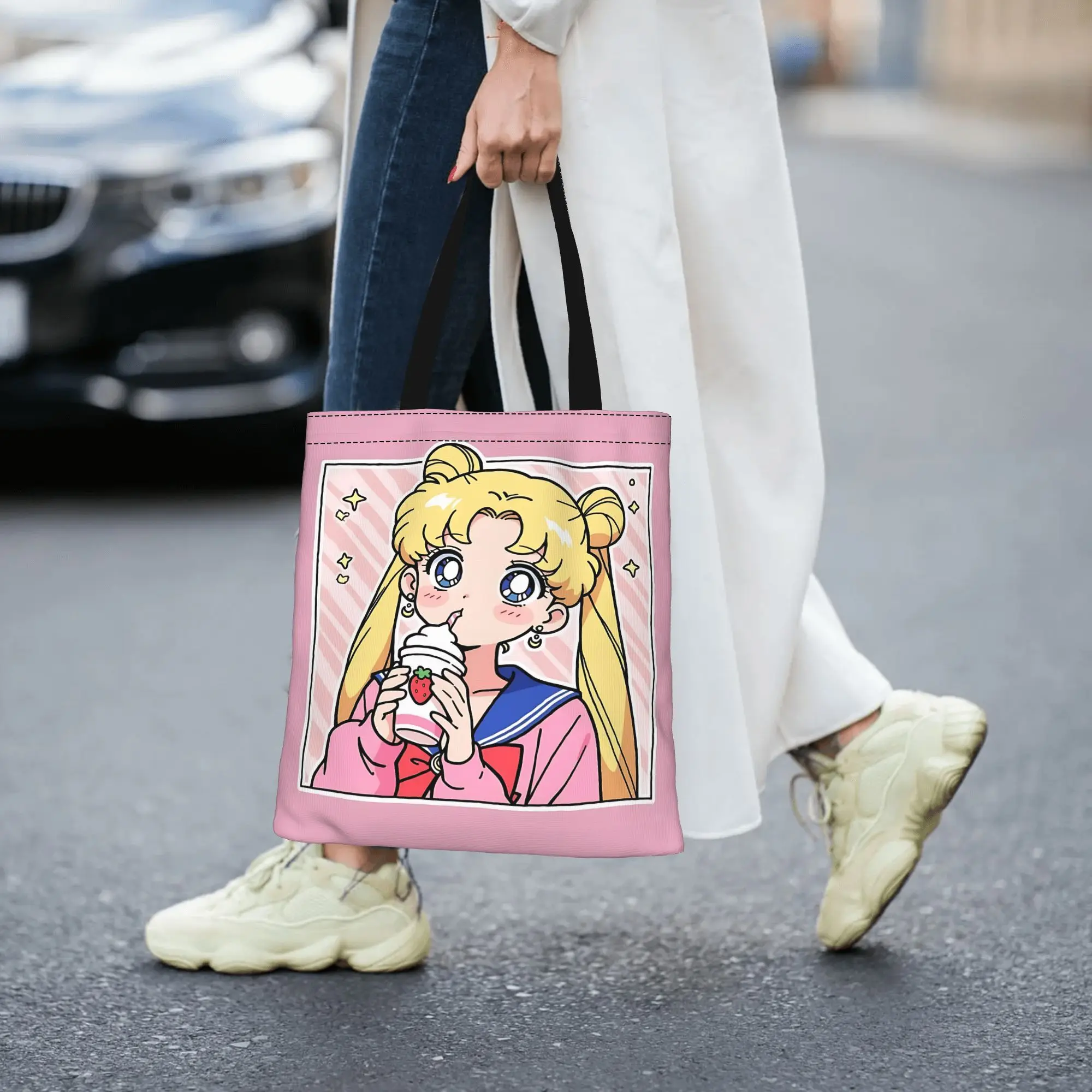 Customized Sailor Moon Women's Bag Shopping Bag Reusable Double Sided Canvas Tote Bag Shoulder  Handbag