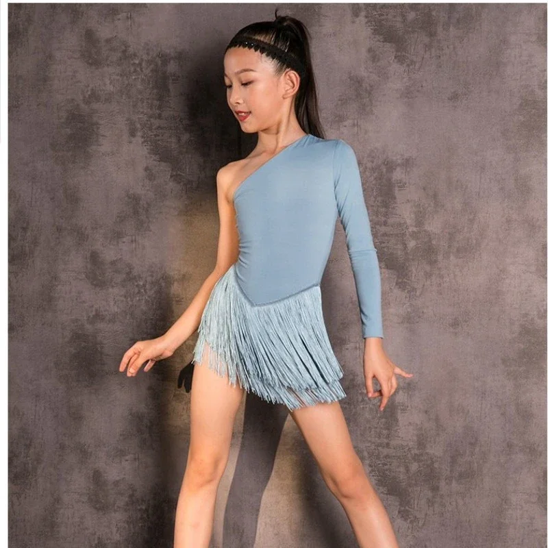 Kinderen Latin Dans Jurk voor Meisjes Blauw Lange mouwen Backless Turnpakje Kwasten Rok Pak Samba Training Optredens Kostuum