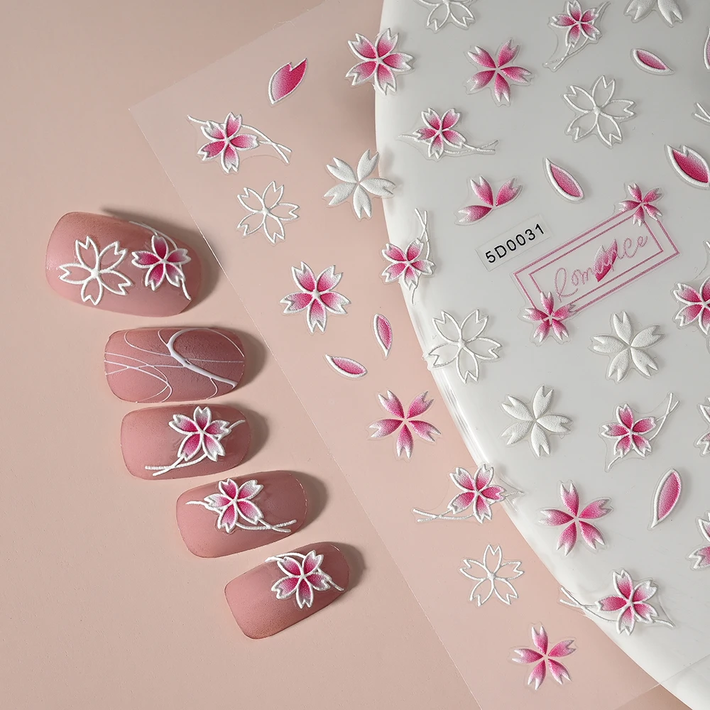 1PC 5D Delicate Pink White Flower Nail Art Stickers Spring Summer Florals Decals For Nails Decoration DIY Cute Manicure Supplies