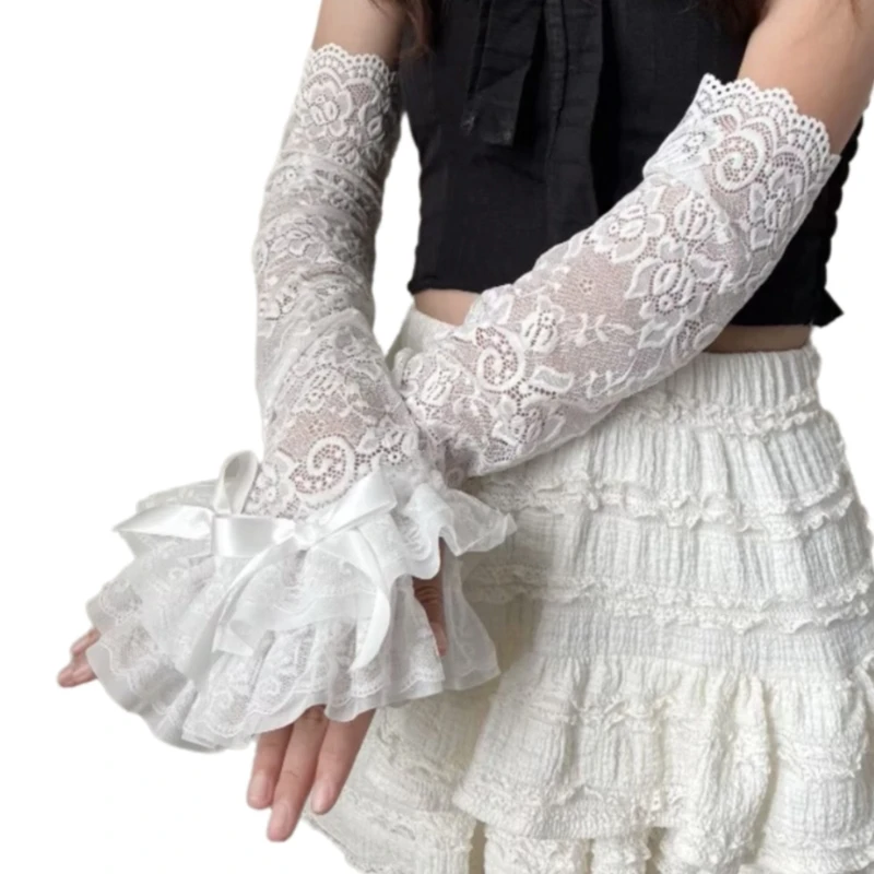 Guantes novia Punk con mangas para fiesta Halloween, guantes sin dedos encaje K3KF