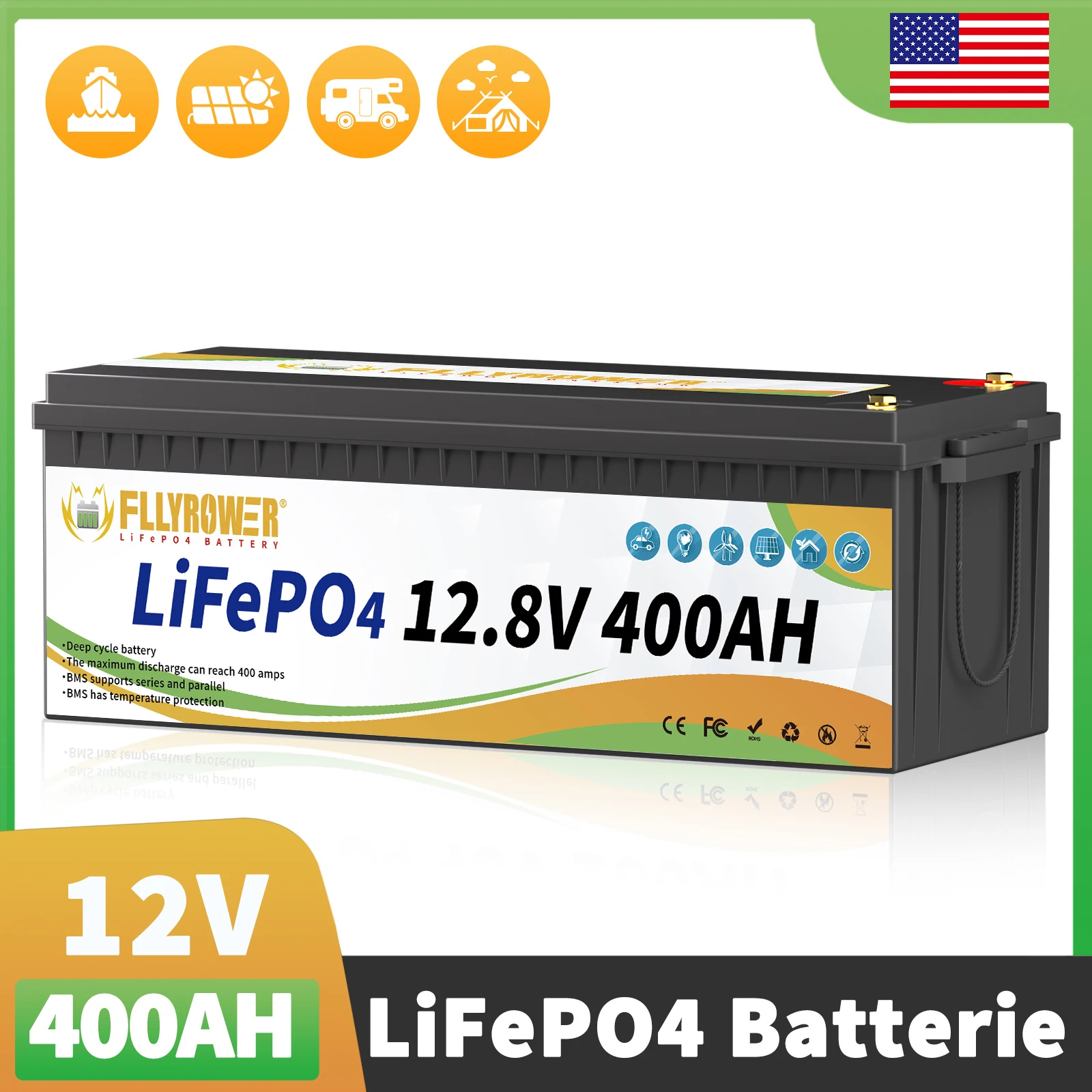 

FLLYROWER 12 В 400 Ач LiFePO4 литиевый аккумулятор с BMS 200 А для домашнего хранения энергии RV Camper Off-Road открытый троллинговый двигатель