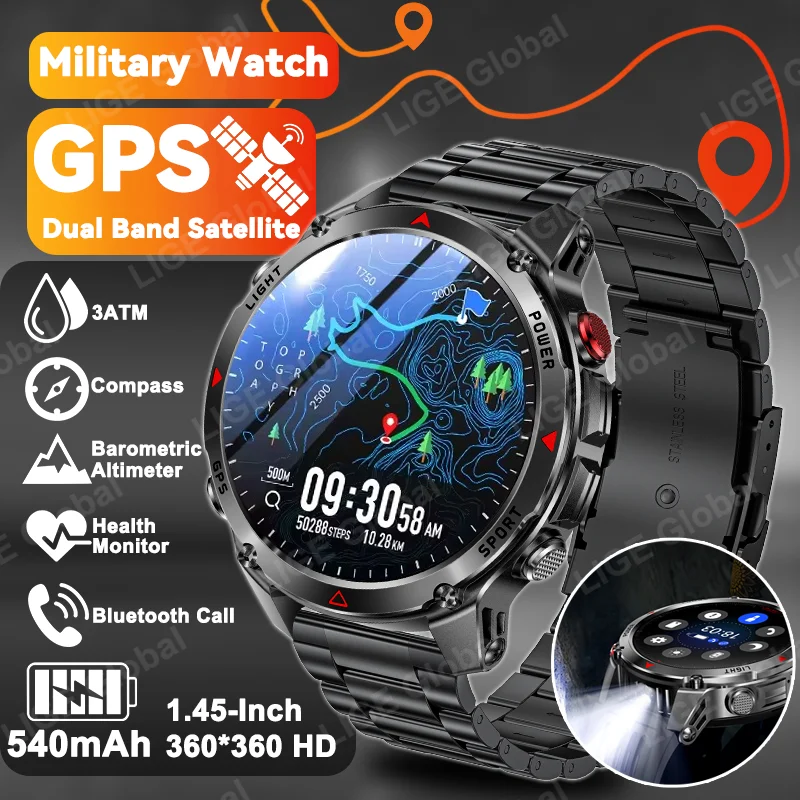 LIGE Nuovo Professionale GPS Sport Smart Watch Outdoor RIDE Run Orologi da uomo Bussola Altimetro 3ATM 540mAh Torcia a LED Bracciali
