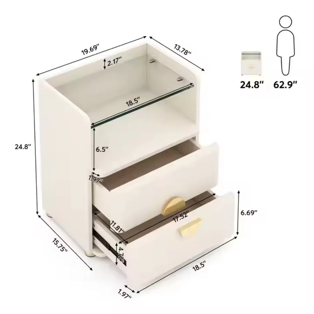 Bedside table, two-drawer bedside table with open storage, wooden bedside table for bedroom