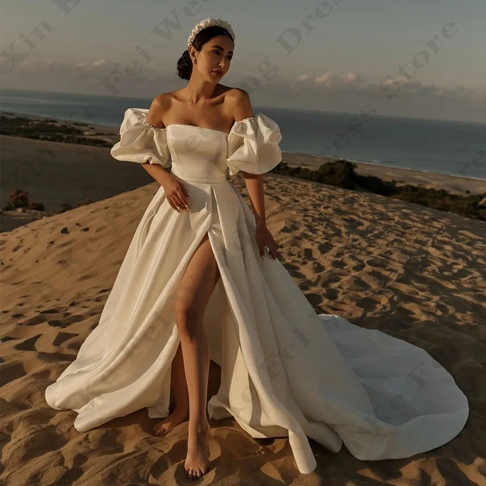 

Gorgeous Satin Wedding Dresses For Woman Sweetheart Off Shoulder Fluffy Short Sleeved High Slit Beautiful Mopping Bride Gowns