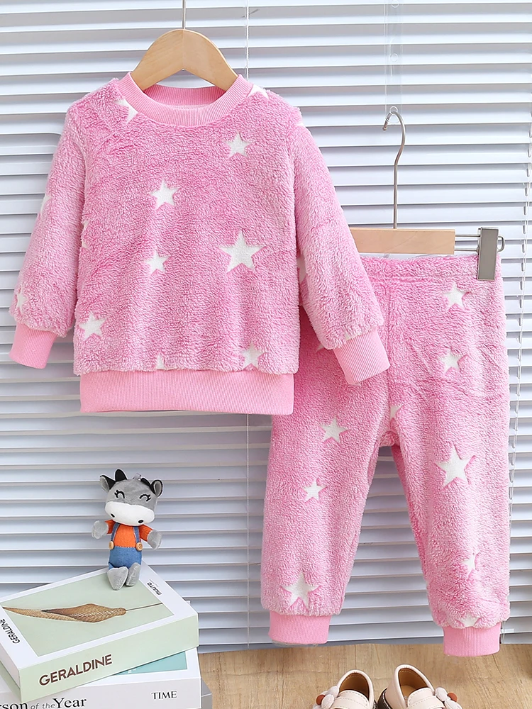 2pcs baby girl autumn and winter night glow star pattern plush thick long sleeved top and pants Chid Accessories