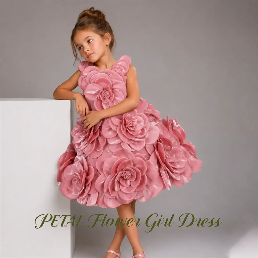 Petal 3D Rose Floral Princess Girls Dress Pink Sleeveless First Communion Gown Luxury Children Birthday Wedding Dress Customized