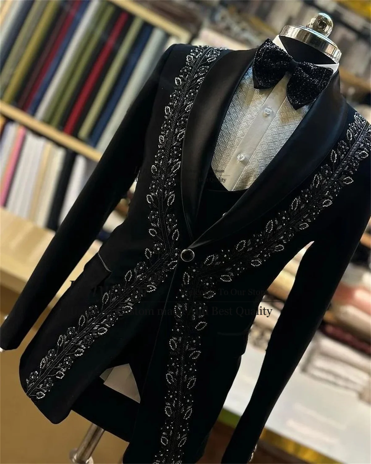 Sparkly Beaded Crystals Men Suits Black Slim Fit Wedding Groom Tuxedos 3 Pieces Sets Male Prom Blazer Terno Masculino Completo